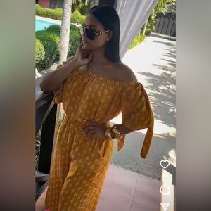 AUW boho off the shoulder cropped wide leg jumpsuit in golden yellow. Size 6